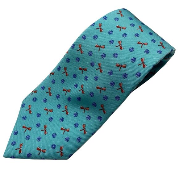 Brooks Brothers Makers Tie Men's Necktie Silk Dragonflies Flowers Turquoise Long - Picture 1 of 6